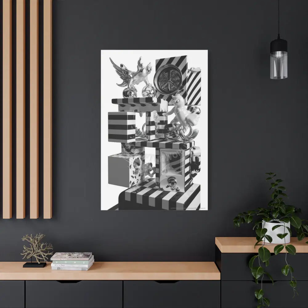 Surreal Black & White Spiral Tower in Gothic Wonderland Canvas — Moonlit Optical Illusion Wall Art Canvas