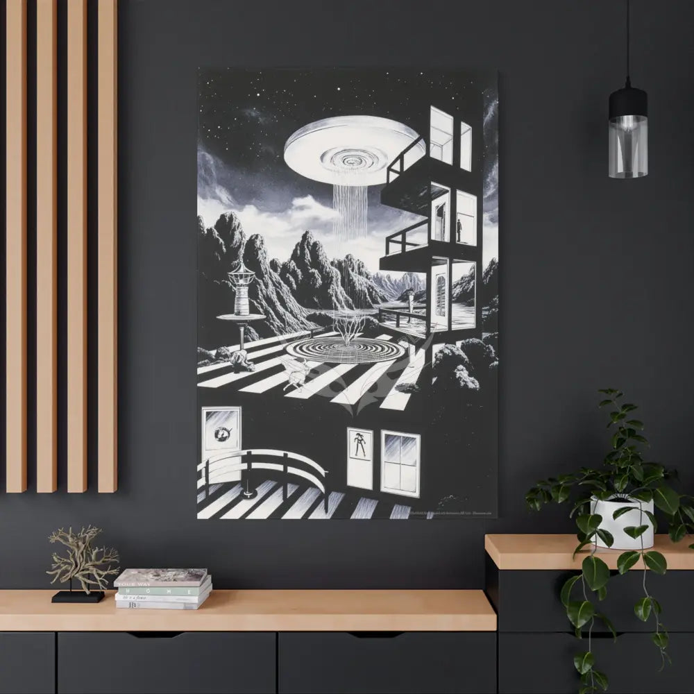 Surreal Black & White Spiral Tower in Gothic Wonderland Canvas — Moonlit Optical Illusion Wall Art Canvas