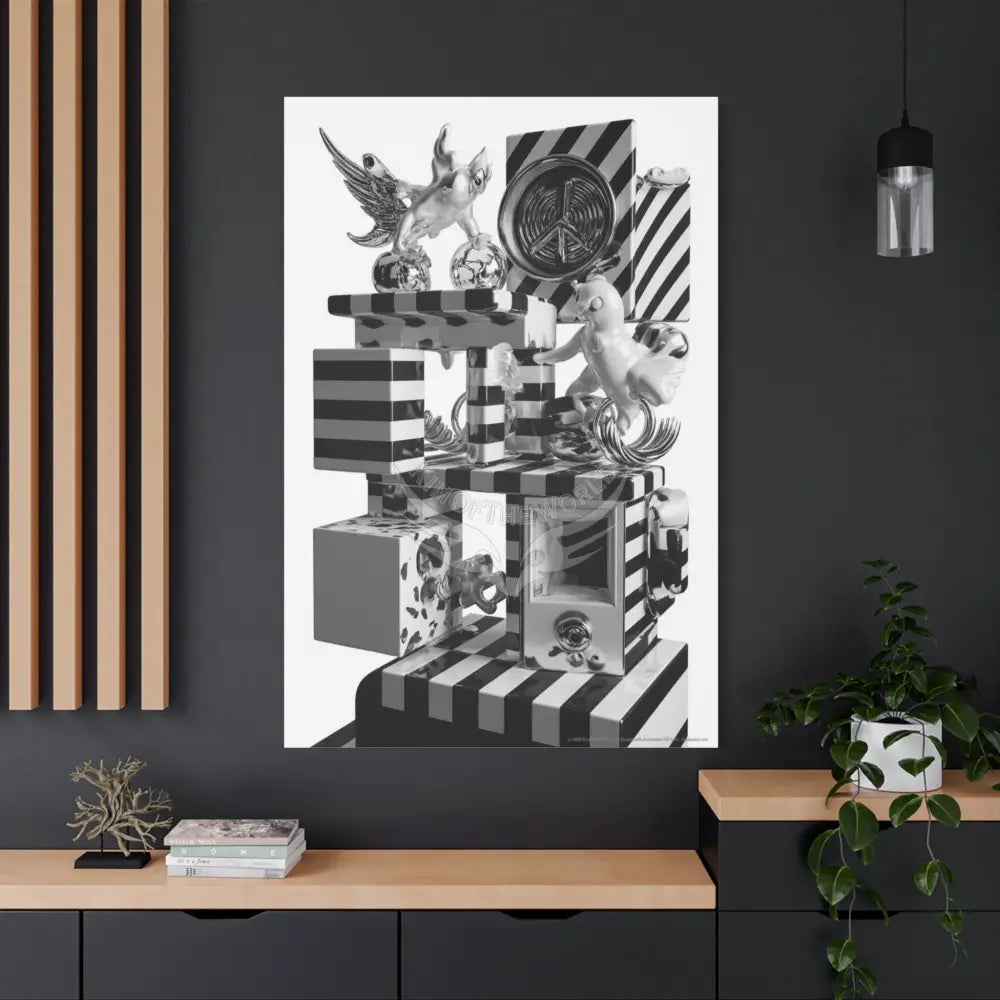 Surreal Black & White Spiral Tower in Gothic Wonderland Canvas — Moonlit Optical Illusion Wall Art Canvas