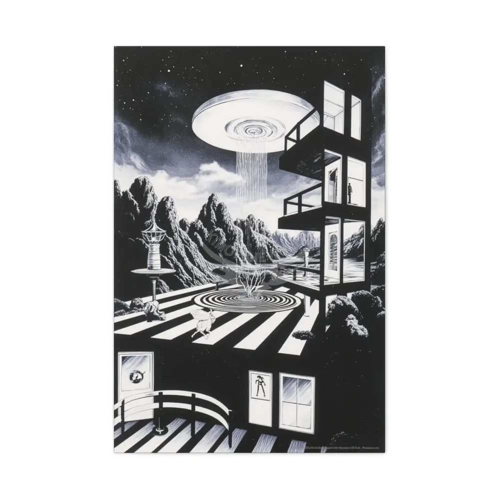 Surreal Black & White Spiral Tower in Gothic Wonderland Canvas — Moonlit Optical Illusion Wall Art 24’’ x 36’’