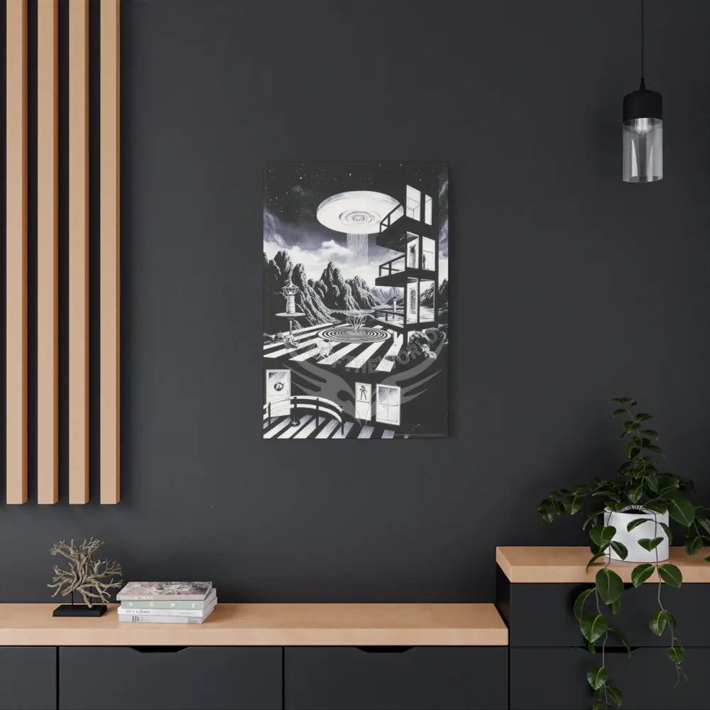 Surreal Black & White Spiral Tower in Gothic Wonderland Canvas — Moonlit Optical Illusion Wall Art Canvas