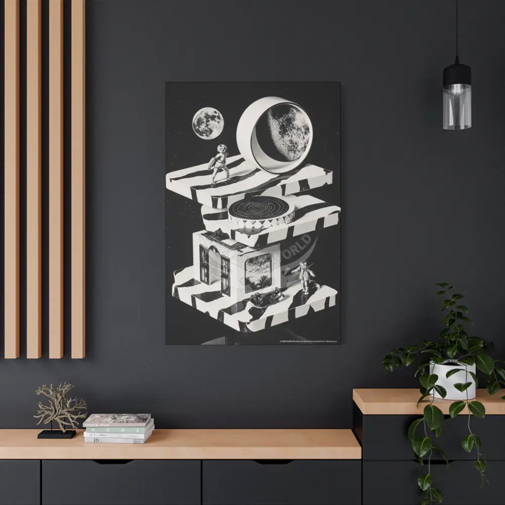 Surreal Black & White Spiral Tower in Gothic Wonderland Canvas — Moonlit Optical Illusion Wall Art Canvas
