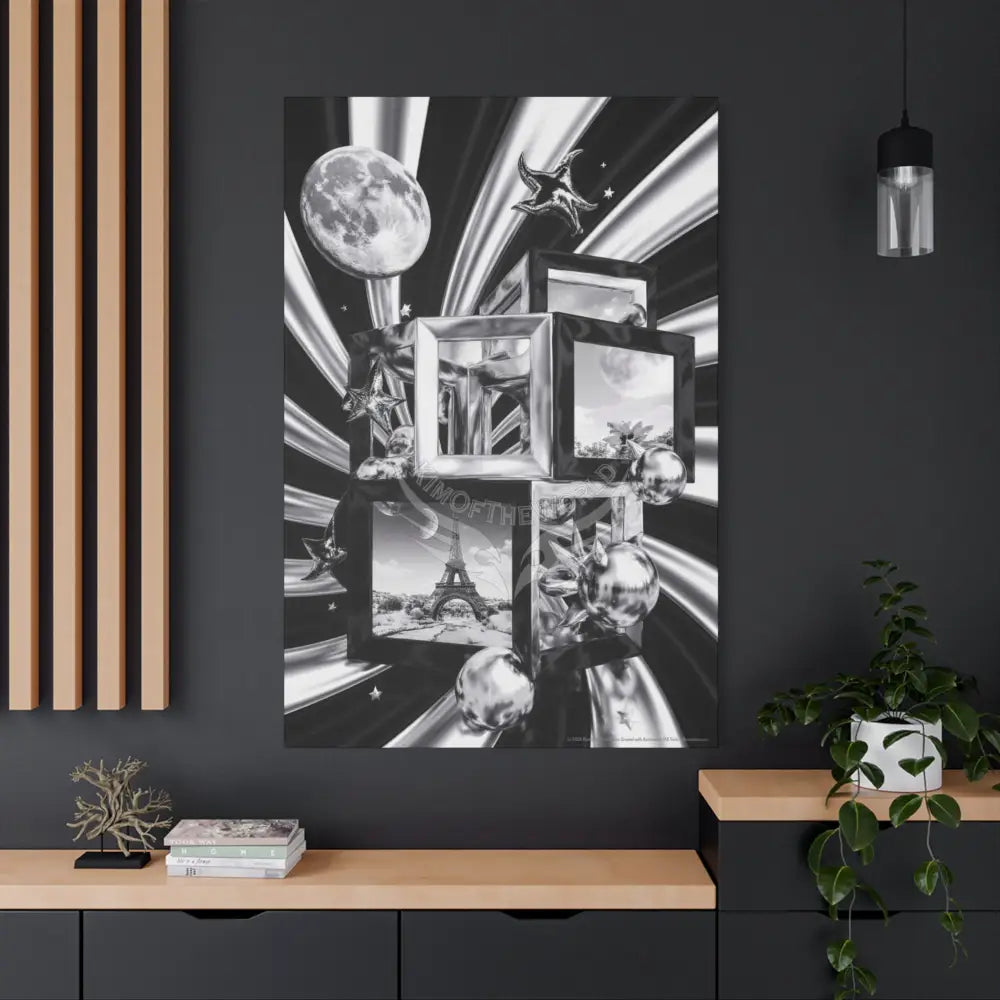 Surreal Black & White Spiral Tower in Gothic Wonderland Canvas — Moonlit Optical Illusion Wall Art Canvas