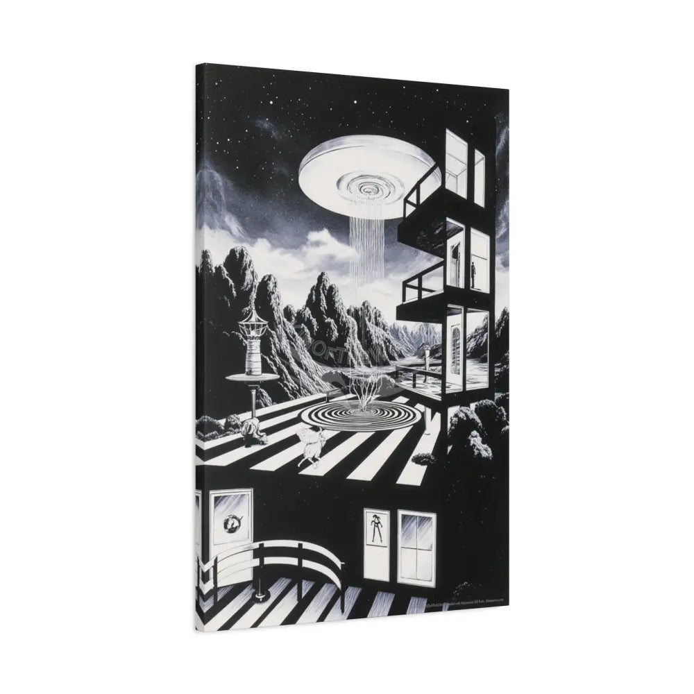 Surreal Black & White Spiral Tower in Gothic Wonderland Canvas — Moonlit Optical Illusion Wall Art Canvas
