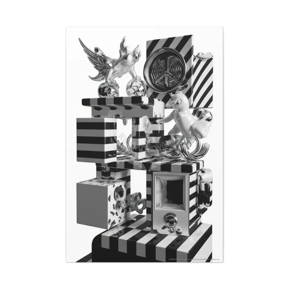 Surreal Black & White Spiral Tower in Gothic Wonderland Canvas — Moonlit Optical Illusion Wall Art 32″ x 48″ (Vertical)