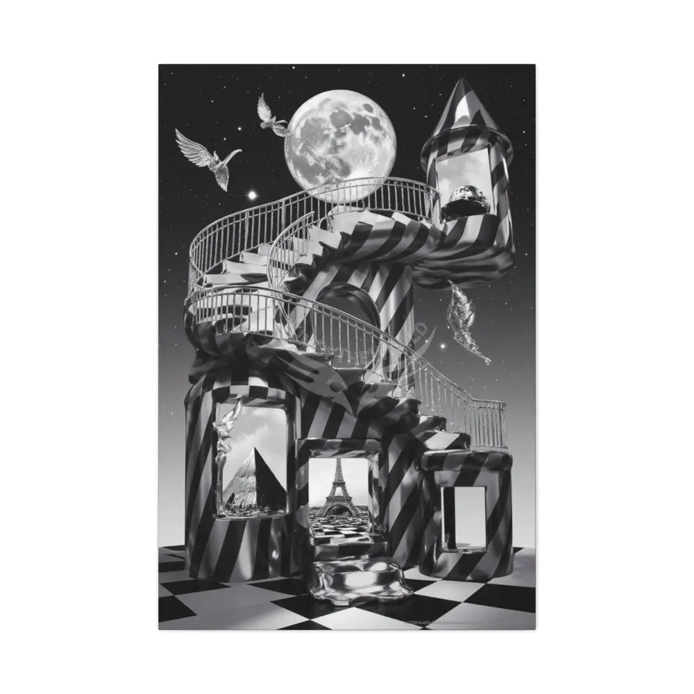 Surreal Black & White Spiral Tower in Gothic Wonderland Canvas — Moonlit Optical Illusion Wall Art 32″ x 48″ (Vertical)