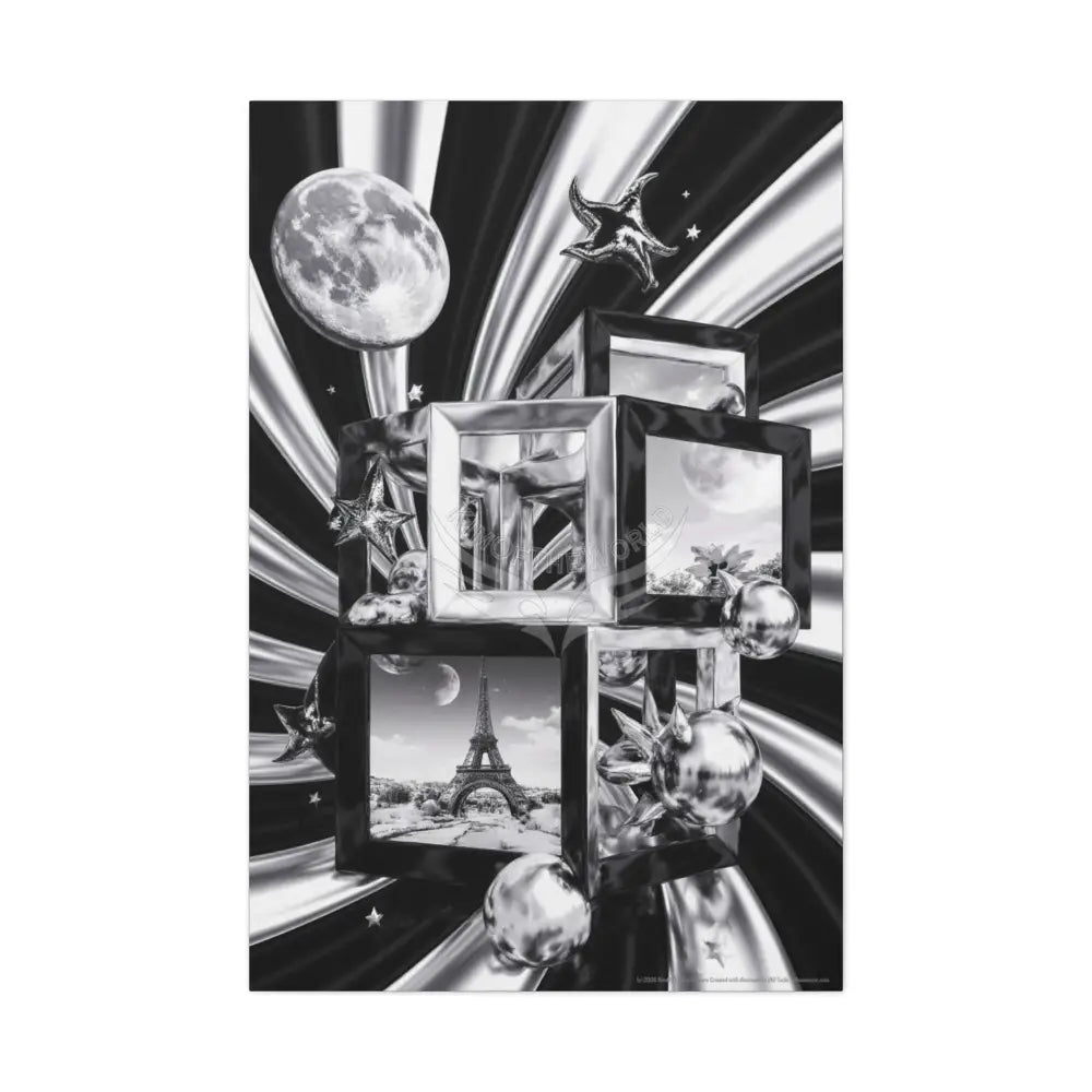 Surreal Black & White Spiral Tower in Gothic Wonderland Canvas — Moonlit Optical Illusion Wall Art 32″ x 48″ (Vertical)