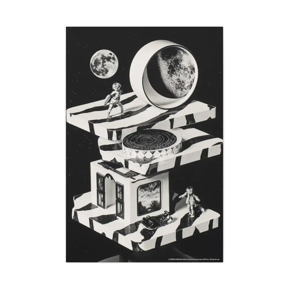 Surreal Black & White Spiral Tower in Gothic Wonderland Canvas — Moonlit Optical Illusion Wall Art 32″ x 48″ (Vertical)