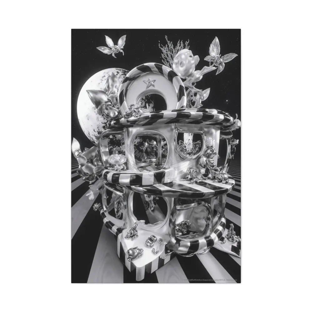 Surreal Black & White Spiral Tower in Gothic Wonderland Canvas — Moonlit Optical Illusion Wall Art 32″ x 48″ (Vertical)