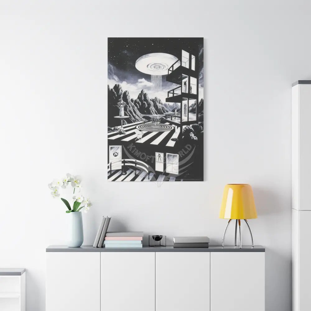 Surreal Black & White Spiral Tower in Gothic Wonderland Canvas — Moonlit Optical Illusion Wall Art Canvas