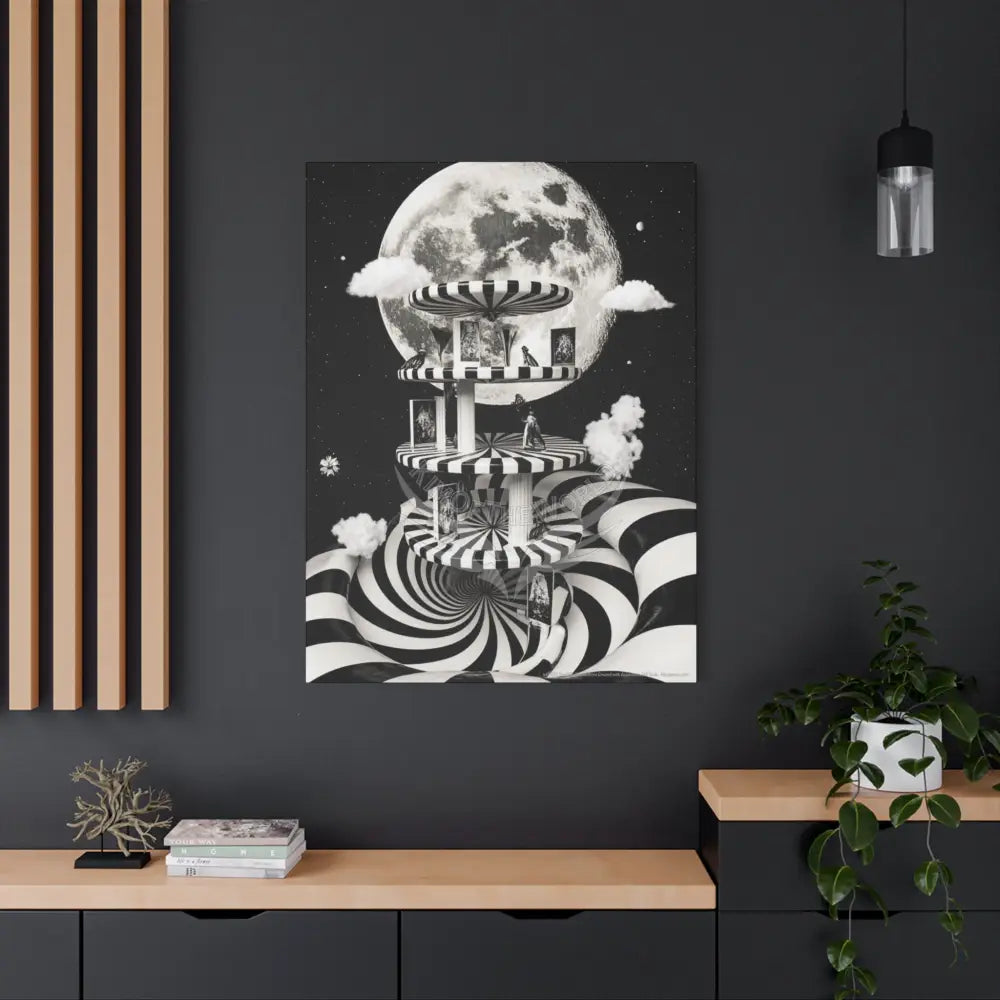 Surreal Black & White Spiral Tower in Gothic Wonderland Canvas — Moonlit Optical Illusion Wall Art Canvas