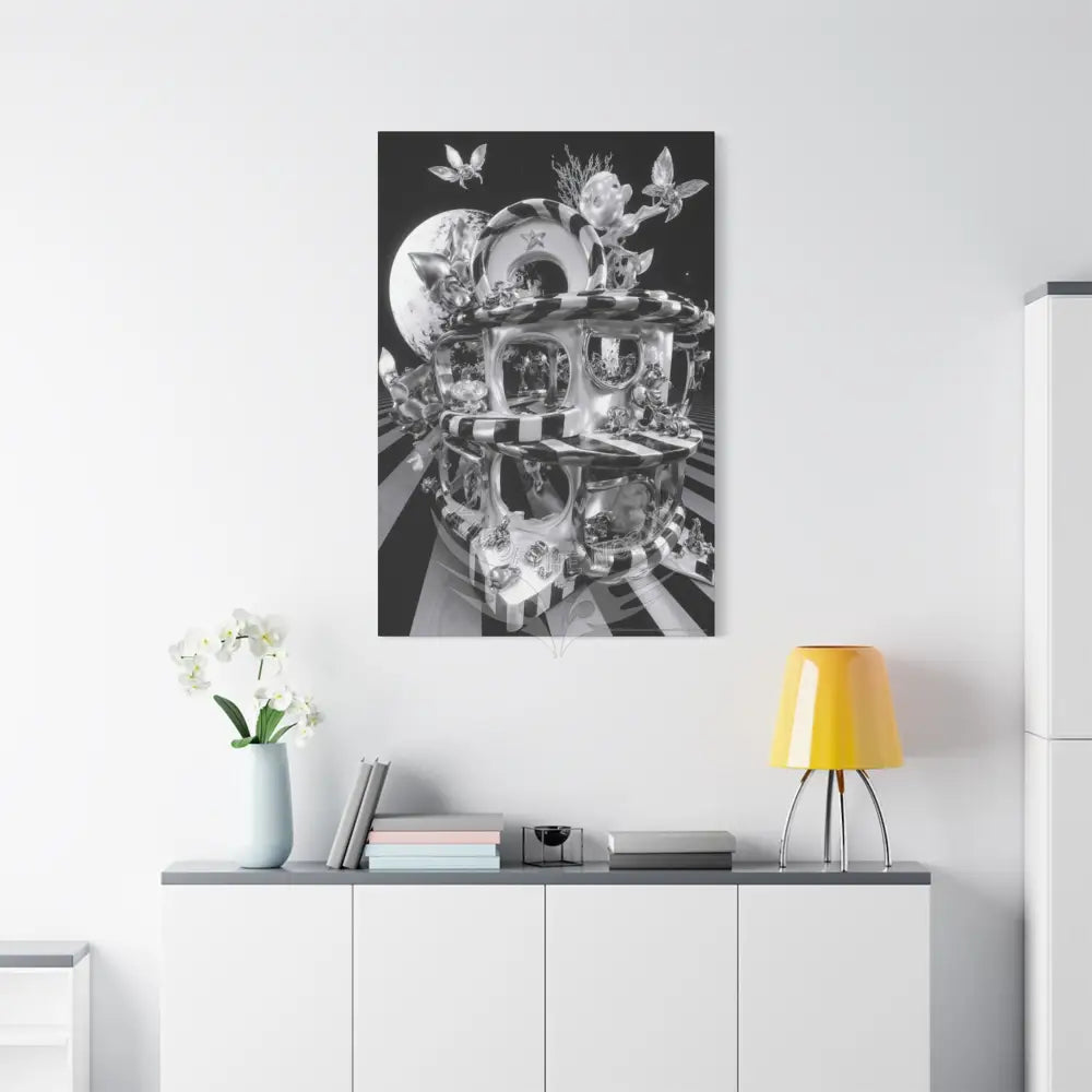 Surreal Black & White Spiral Tower in Gothic Wonderland Canvas — Moonlit Optical Illusion Wall Art Canvas