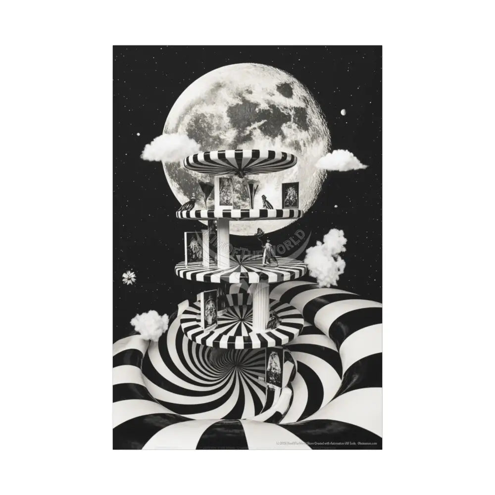 Surreal Black & White Spiral Tower in Gothic Wonderland Canvas — Moonlit Optical Illusion Wall Art 40’’ x 60’’