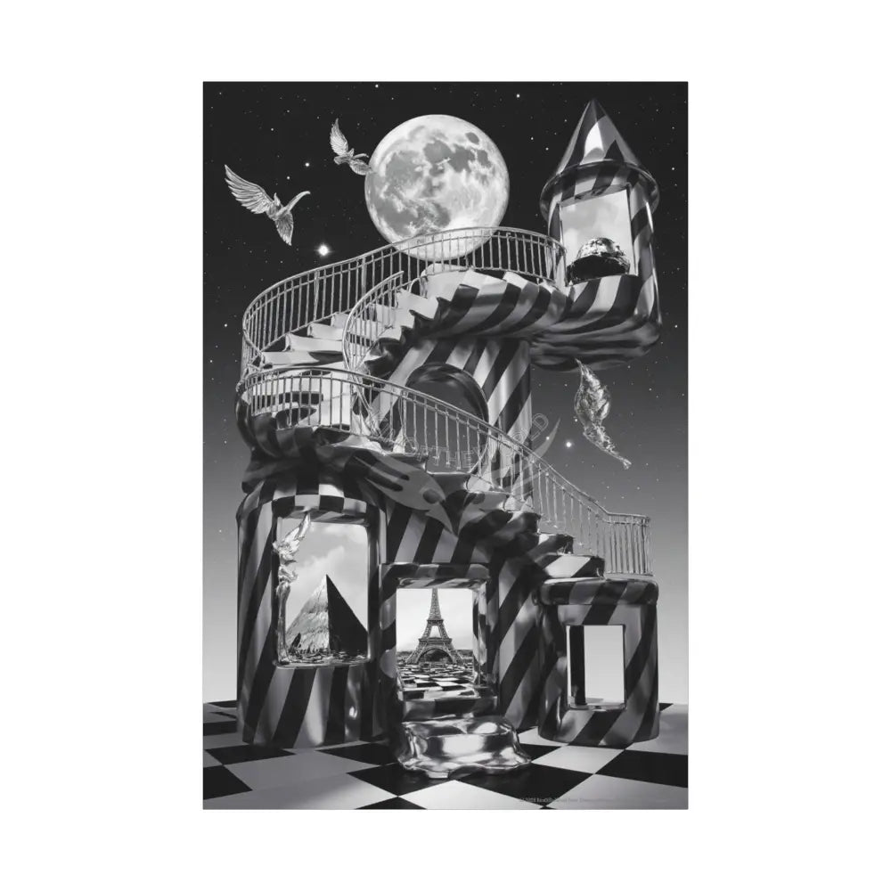 Surreal Black & White Spiral Tower in Gothic Wonderland Canvas — Moonlit Optical Illusion Wall Art 40’’ x 60’’