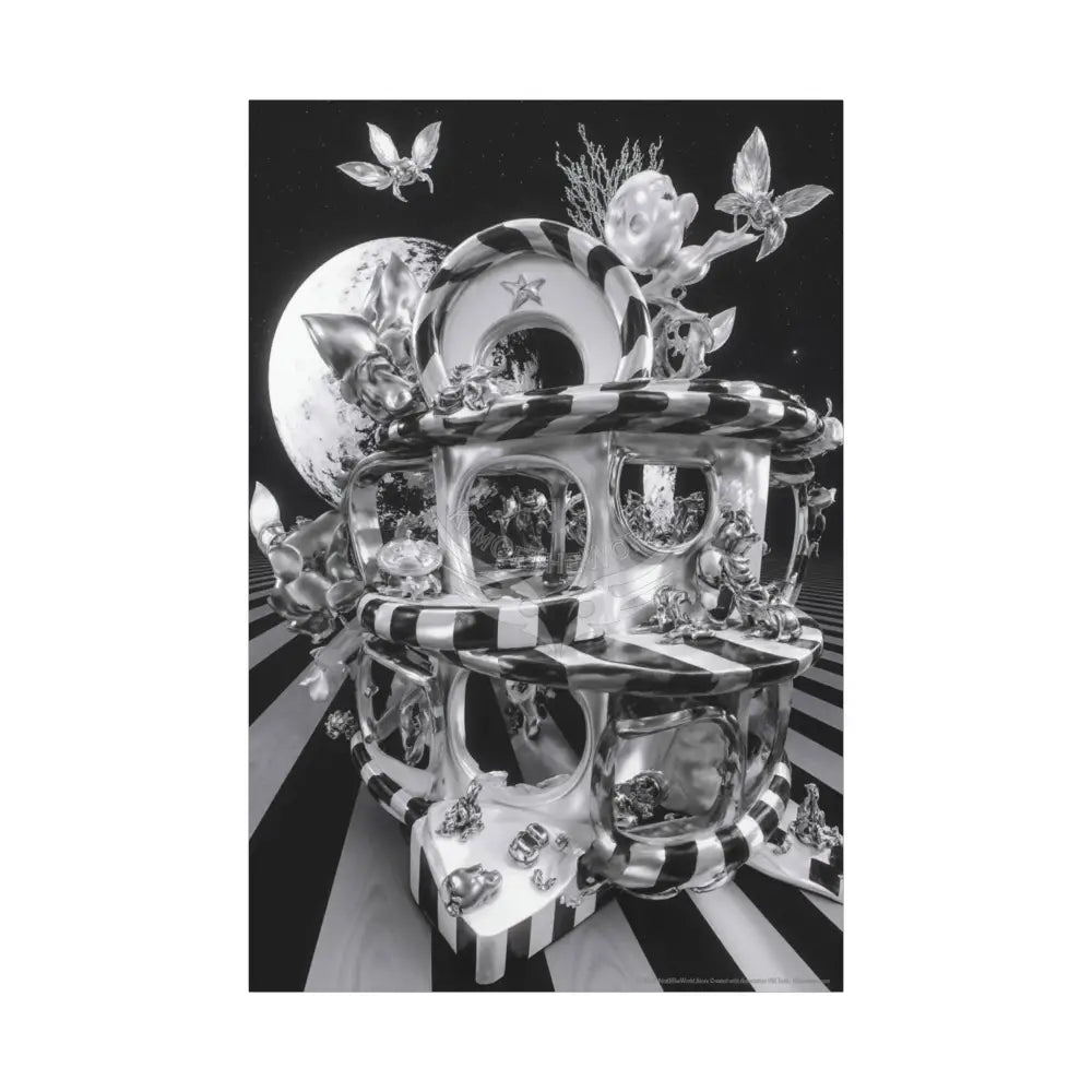 Surreal Black & White Spiral Tower in Gothic Wonderland Canvas — Moonlit Optical Illusion Wall Art 40’’ x 60’’