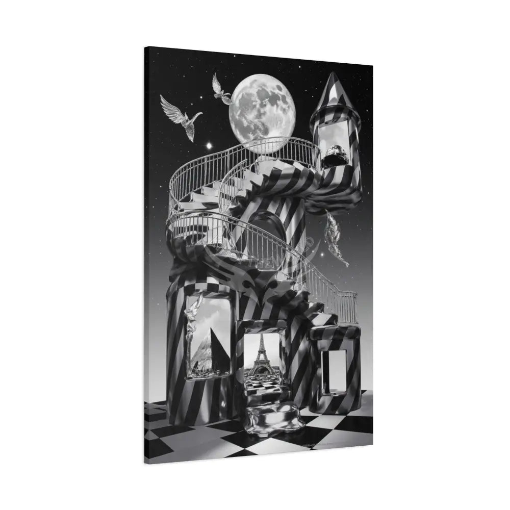 Surreal Black & White Spiral Tower in Gothic Wonderland Canvas — Moonlit Optical Illusion Wall Art Canvas