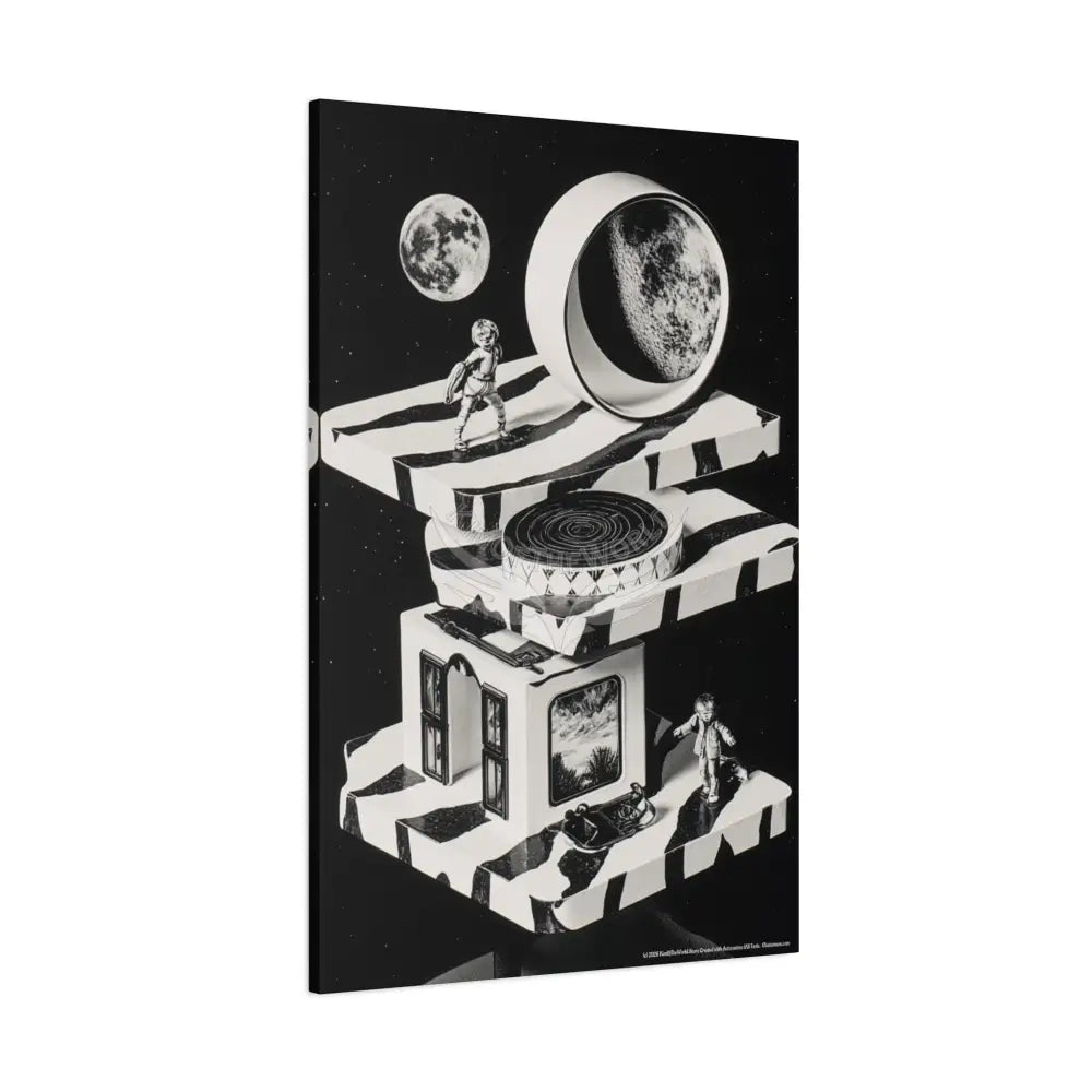 Surreal Black & White Spiral Tower in Gothic Wonderland Canvas — Moonlit Optical Illusion Wall Art Canvas