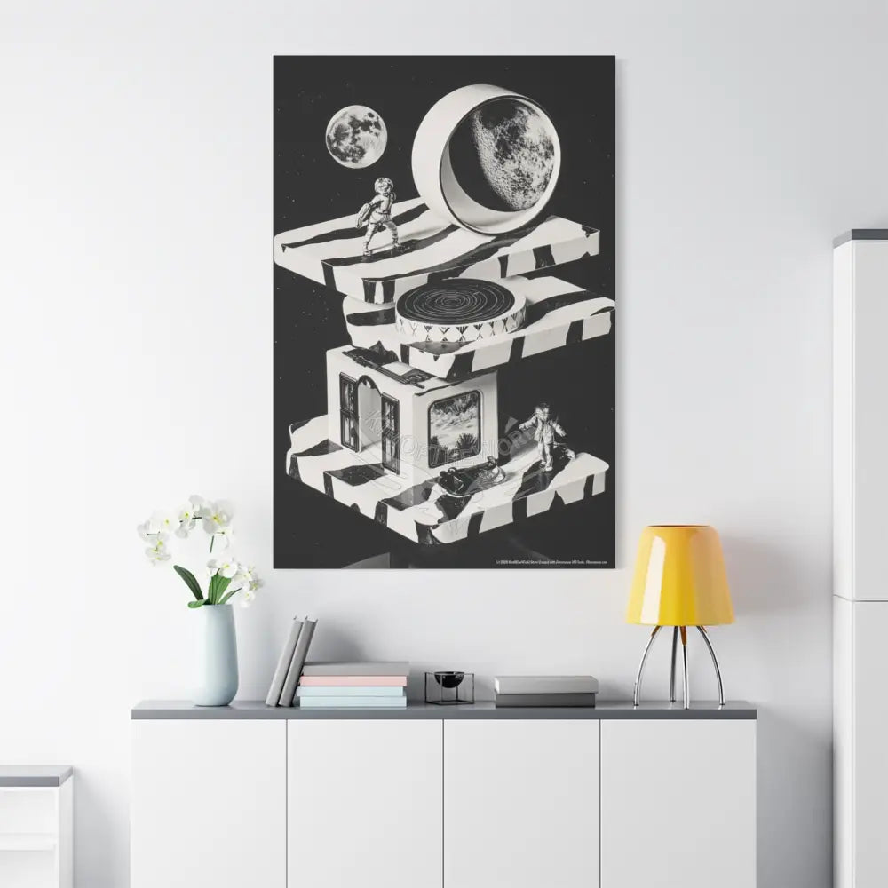 Surreal Black & White Spiral Tower in Gothic Wonderland Canvas — Moonlit Optical Illusion Wall Art Canvas