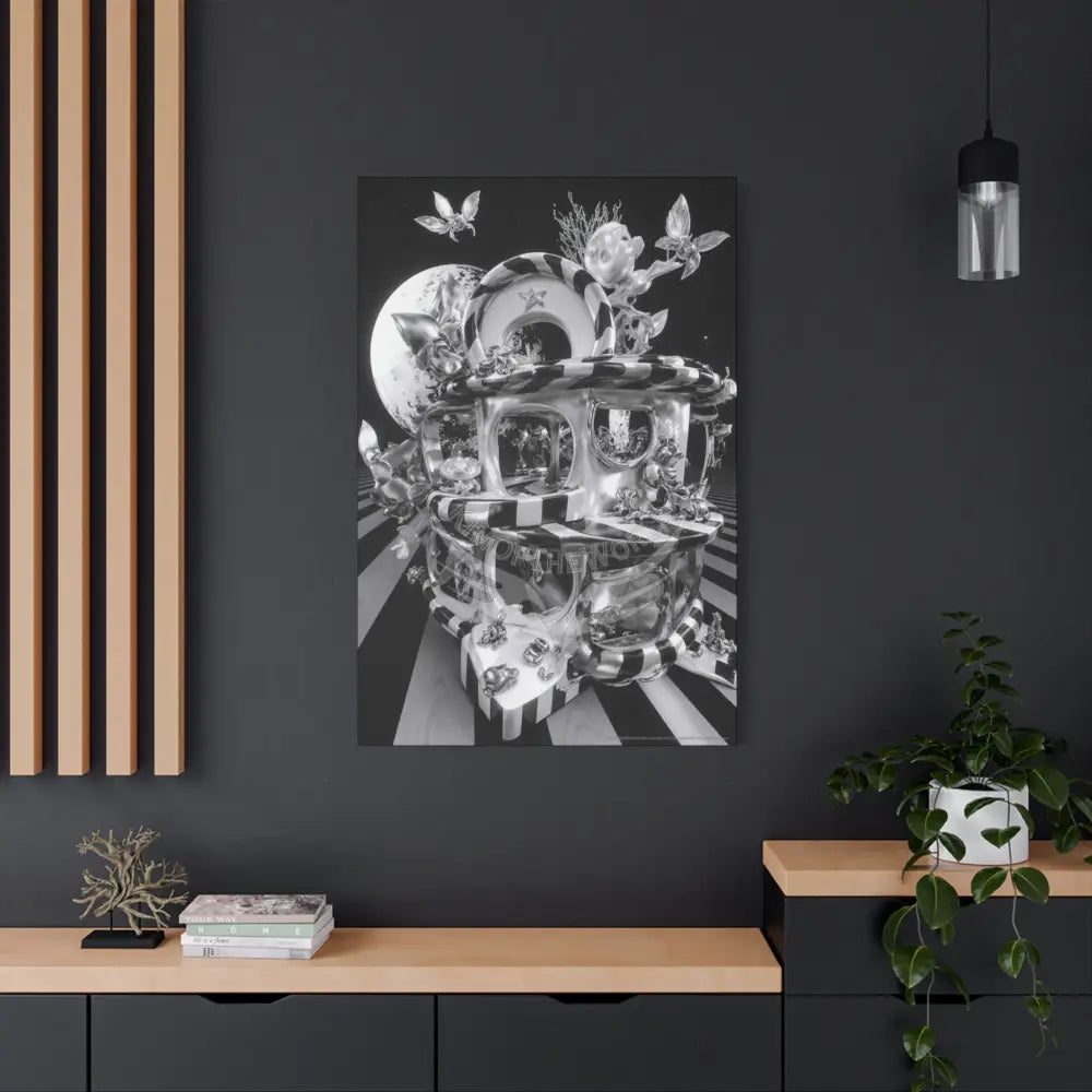Surreal Black & White Spiral Tower in Gothic Wonderland Canvas — Moonlit Optical Illusion Wall Art Canvas