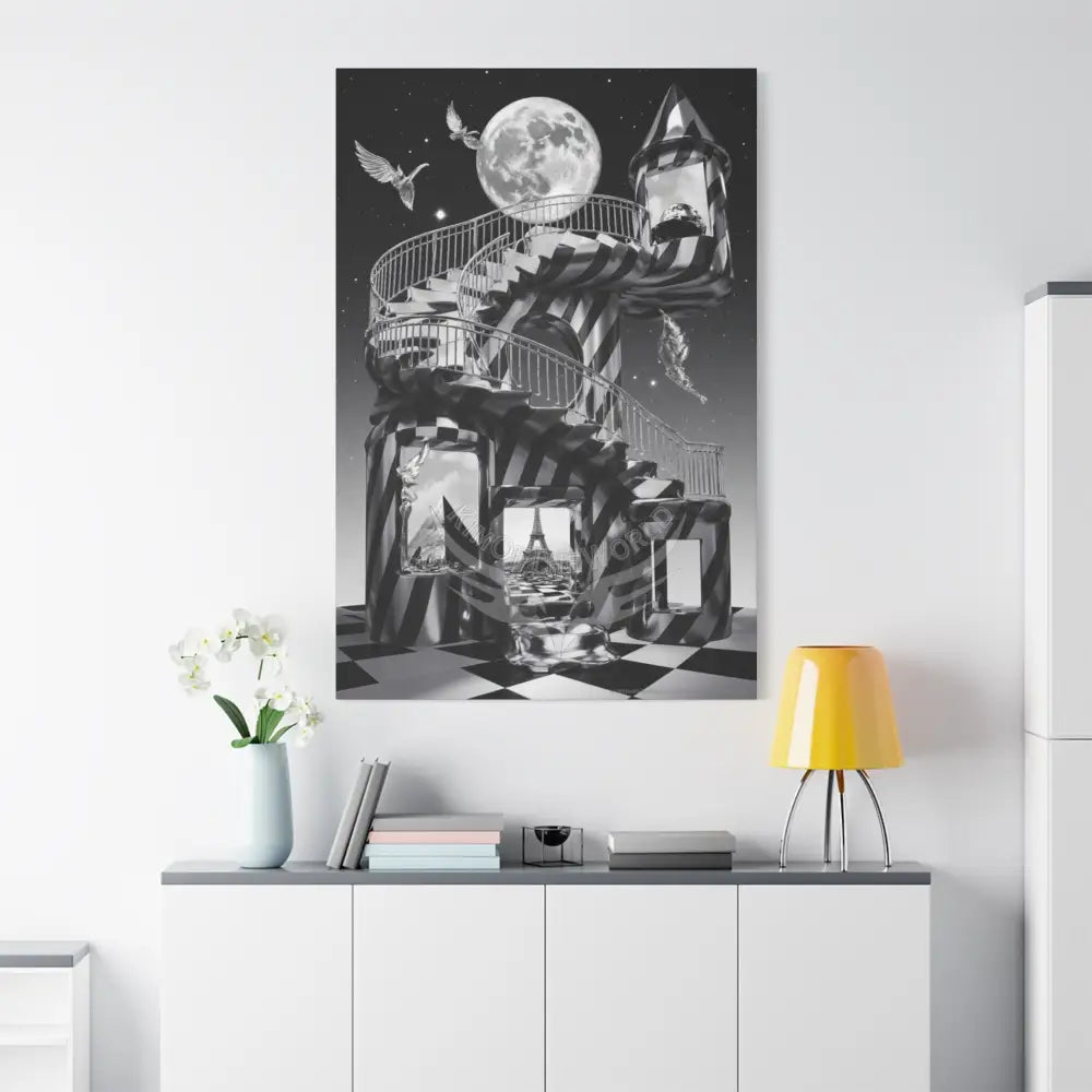 Surreal Black & White Spiral Tower in Gothic Wonderland Canvas — Moonlit Optical Illusion Wall Art Canvas