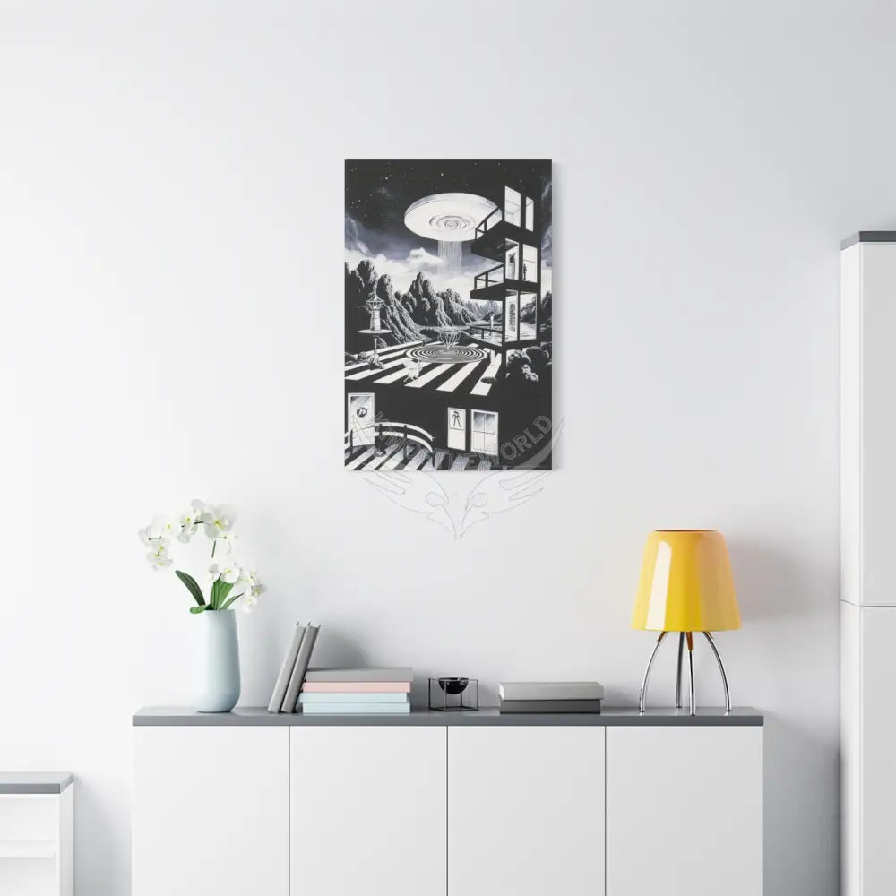 Surreal Black & White Spiral Tower in Gothic Wonderland Canvas — Moonlit Optical Illusion Wall Art Canvas