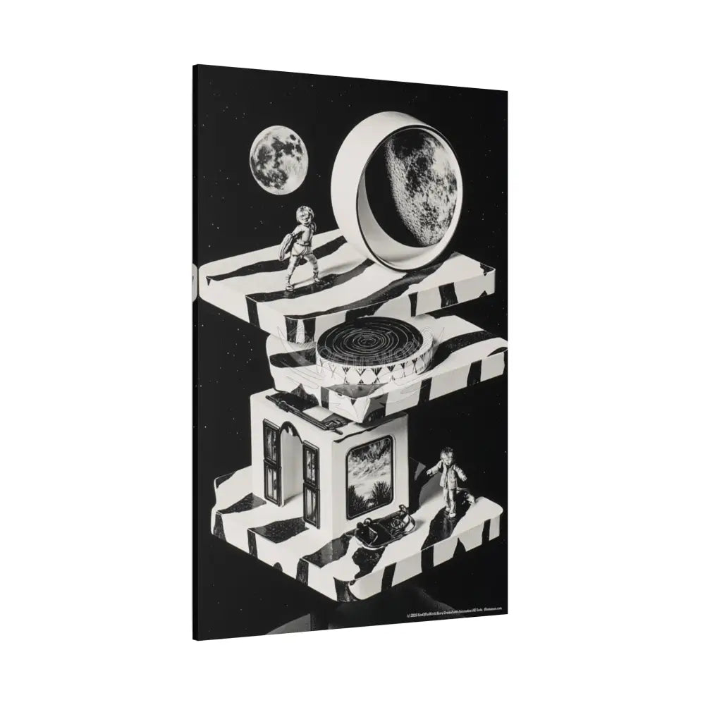 Surreal Black & White Spiral Tower in Gothic Wonderland Canvas — Moonlit Optical Illusion Wall Art Canvas