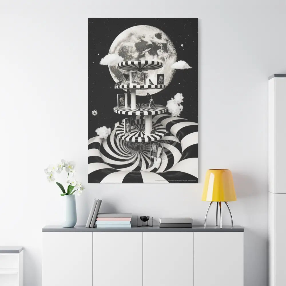 Surreal Black & White Spiral Tower in Gothic Wonderland Canvas — Moonlit Optical Illusion Wall Art Canvas