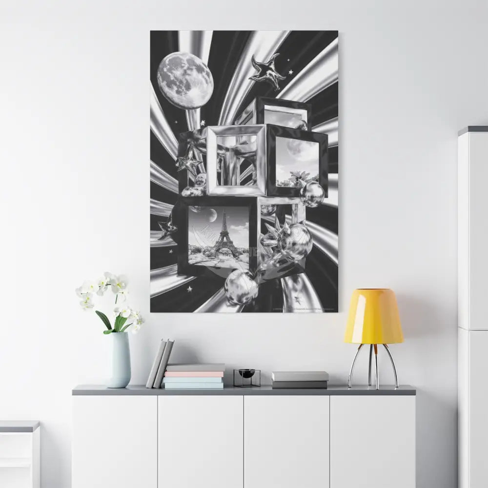 Surreal Black & White Spiral Tower in Gothic Wonderland Canvas — Moonlit Optical Illusion Wall Art Canvas