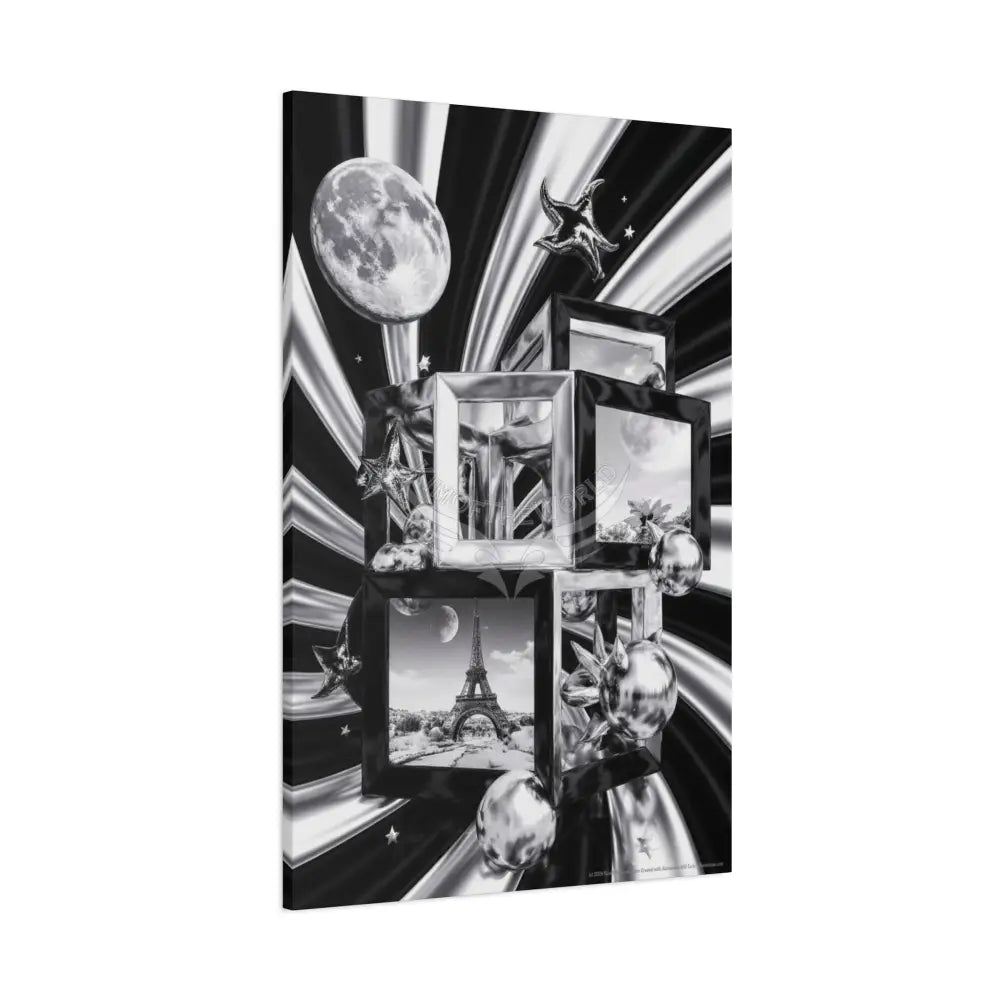 Surreal Black & White Spiral Tower in Gothic Wonderland Canvas — Moonlit Optical Illusion Wall Art Canvas