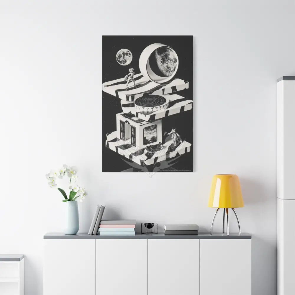 Surreal Black & White Spiral Tower in Gothic Wonderland Canvas — Moonlit Optical Illusion Wall Art Canvas