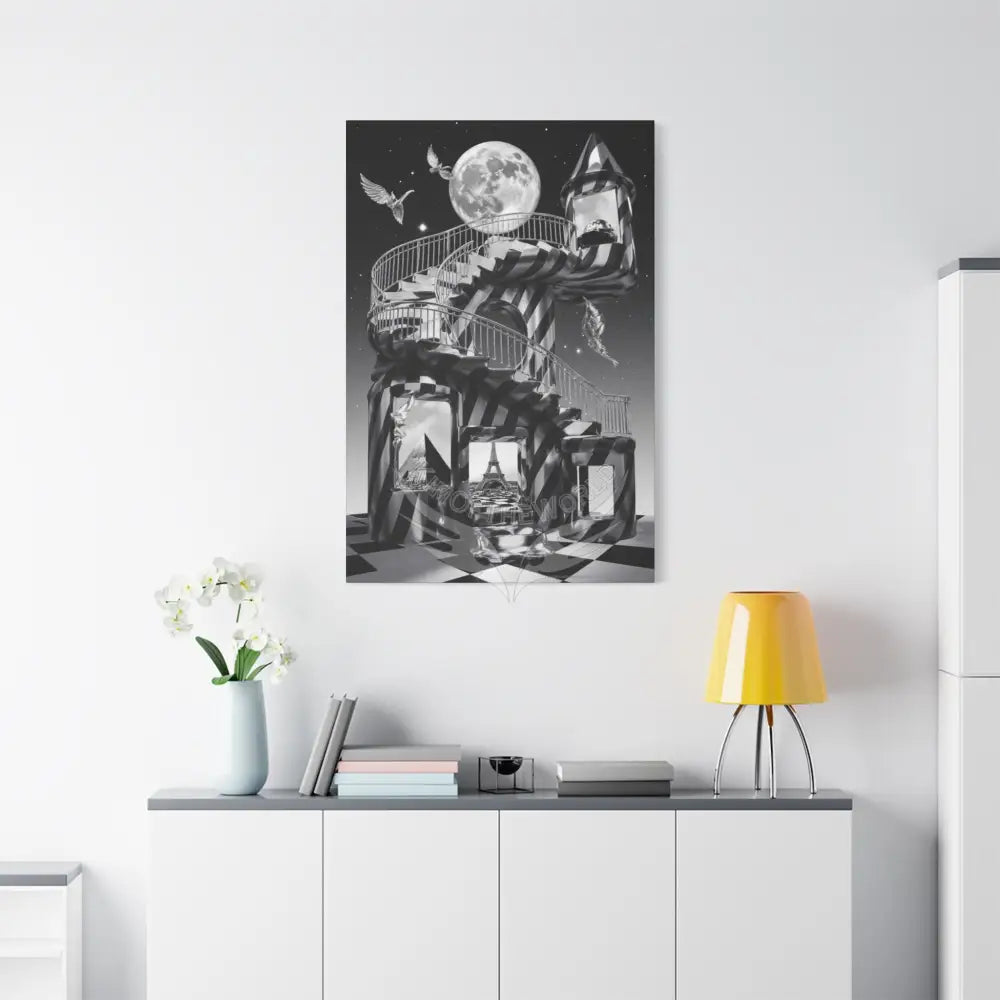 Surreal Black & White Spiral Tower in Gothic Wonderland Canvas — Moonlit Optical Illusion Wall Art Canvas
