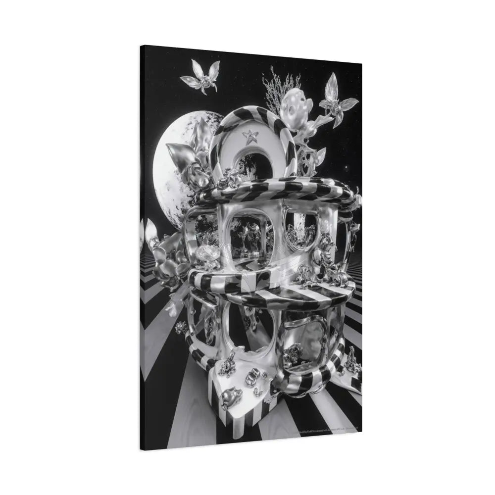 Surreal Black & White Spiral Tower in Gothic Wonderland Canvas — Moonlit Optical Illusion Wall Art Canvas