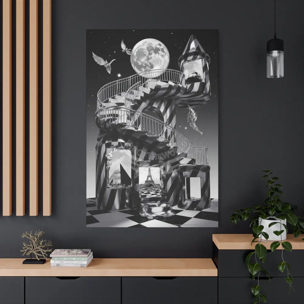 Surreal Black & White Spiral Tower in Gothic Wonderland Canvas — Moonlit Optical Illusion Wall Art Canvas