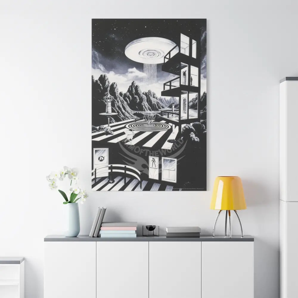Surreal Black & White Spiral Tower in Gothic Wonderland Canvas — Moonlit Optical Illusion Wall Art Canvas