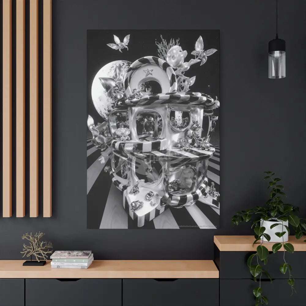 Surreal Black & White Spiral Tower in Gothic Wonderland Canvas — Moonlit Optical Illusion Wall Art Canvas