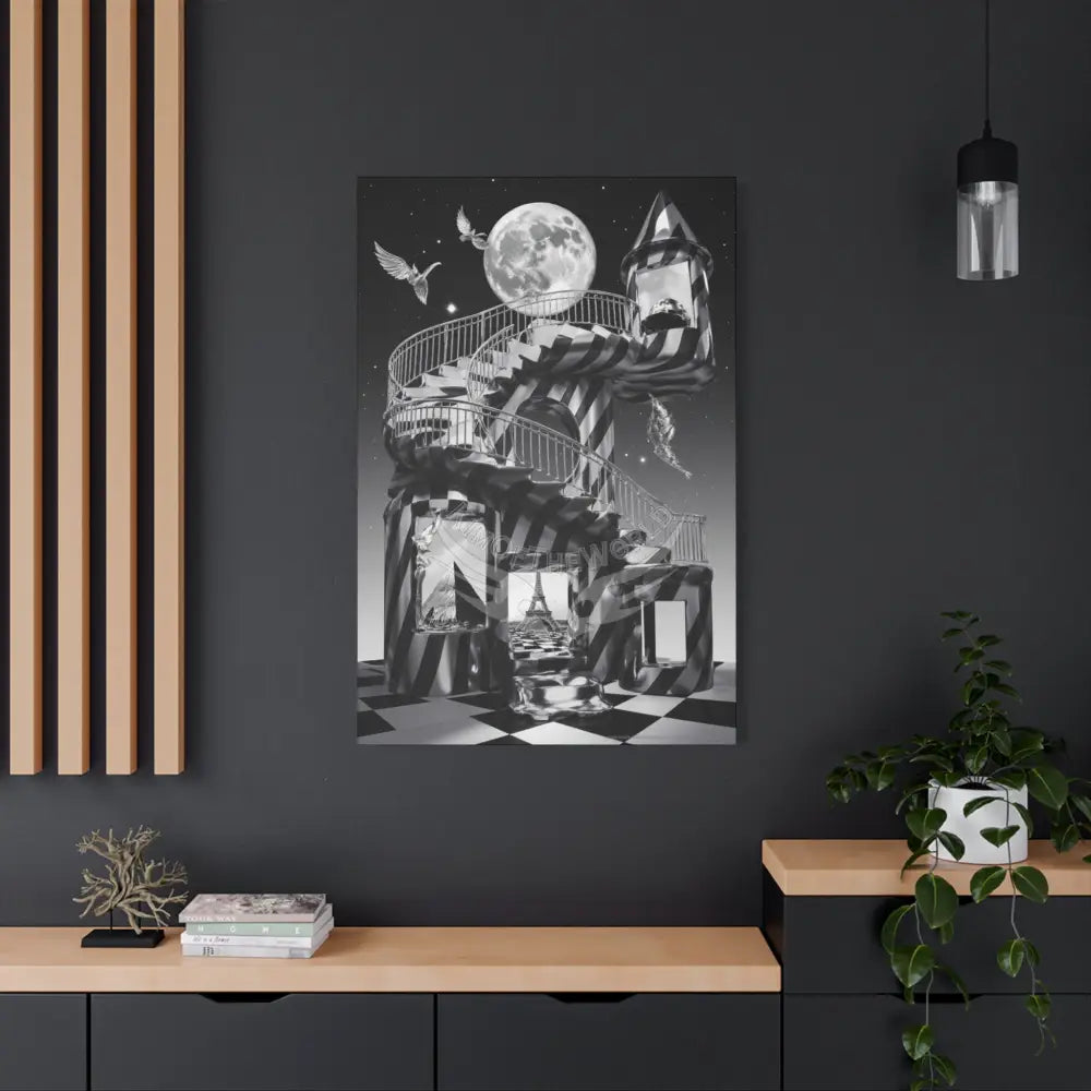 Surreal Black & White Spiral Tower in Gothic Wonderland Canvas — Moonlit Optical Illusion Wall Art Canvas