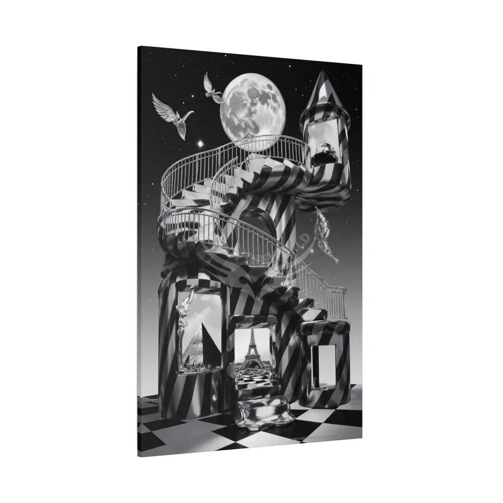Surreal Black & White Spiral Tower in Gothic Wonderland Canvas — Moonlit Optical Illusion Wall Art Canvas