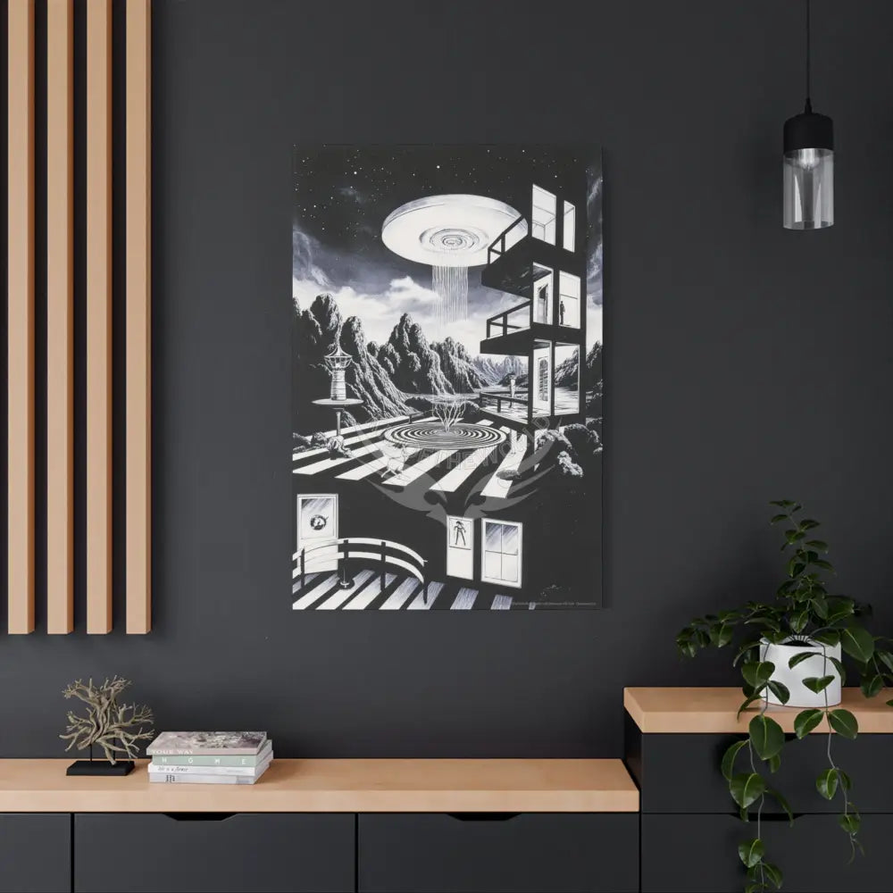 Surreal Black & White Spiral Tower in Gothic Wonderland Canvas — Moonlit Optical Illusion Wall Art Canvas