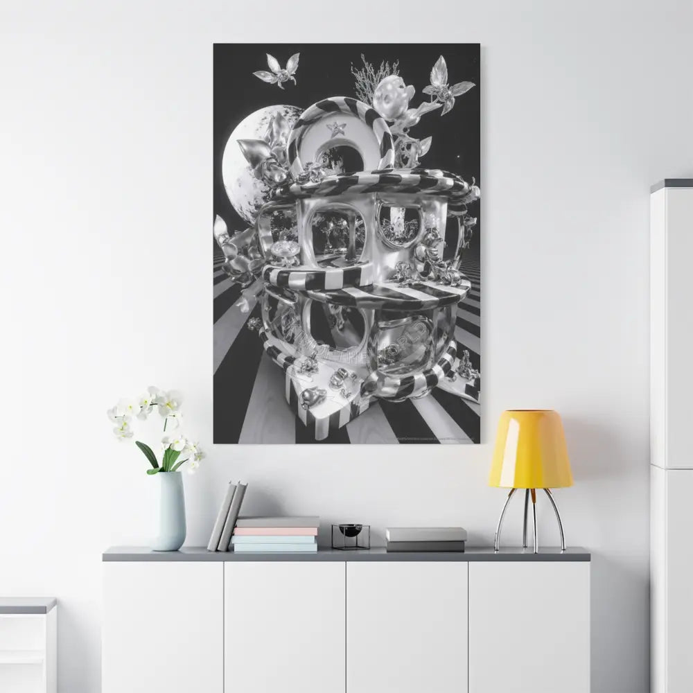 Surreal Black & White Spiral Tower in Gothic Wonderland Canvas — Moonlit Optical Illusion Wall Art Canvas