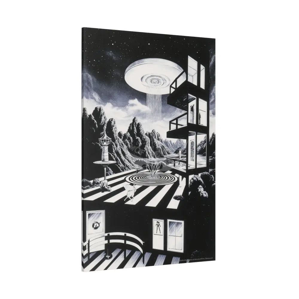 Surreal Black & White Spiral Tower in Gothic Wonderland Canvas — Moonlit Optical Illusion Wall Art Canvas