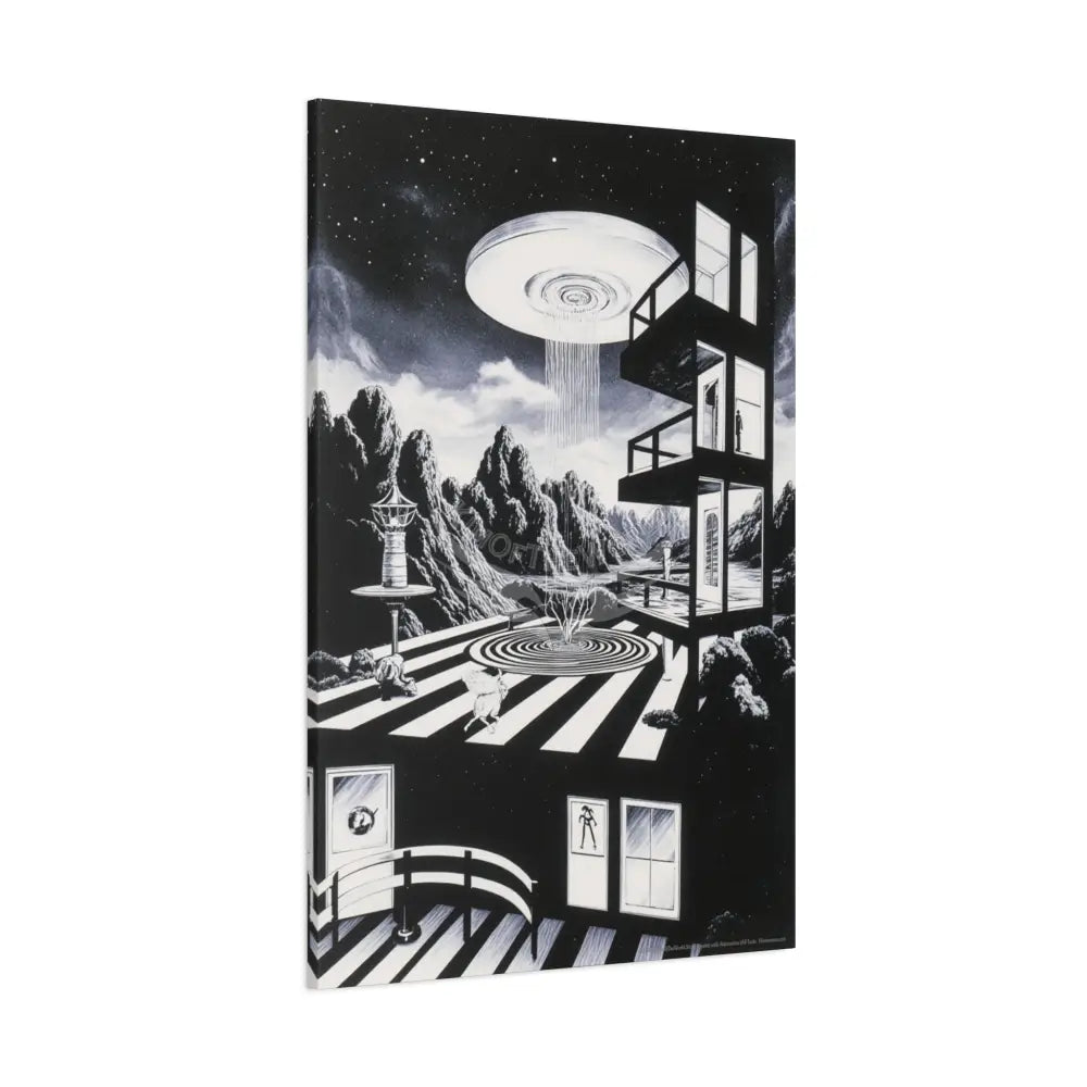 Surreal Black & White Spiral Tower in Gothic Wonderland Canvas — Moonlit Optical Illusion Wall Art Canvas