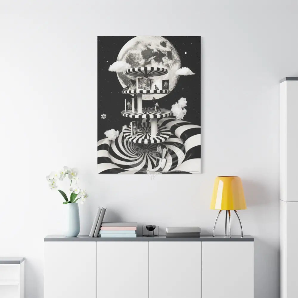 Surreal Black & White Spiral Tower in Gothic Wonderland Canvas — Moonlit Optical Illusion Wall Art Canvas