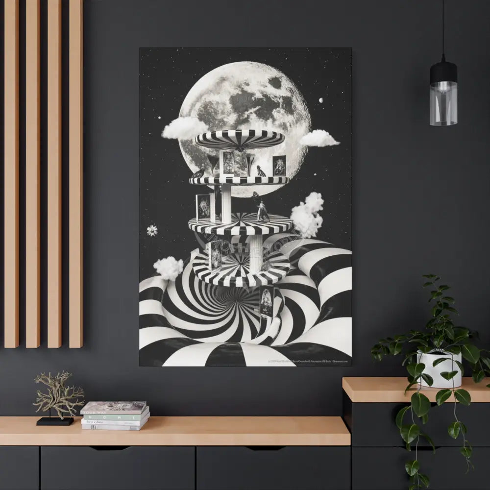 Surreal Black & White Spiral Tower in Gothic Wonderland Canvas — Moonlit Optical Illusion Wall Art Canvas
