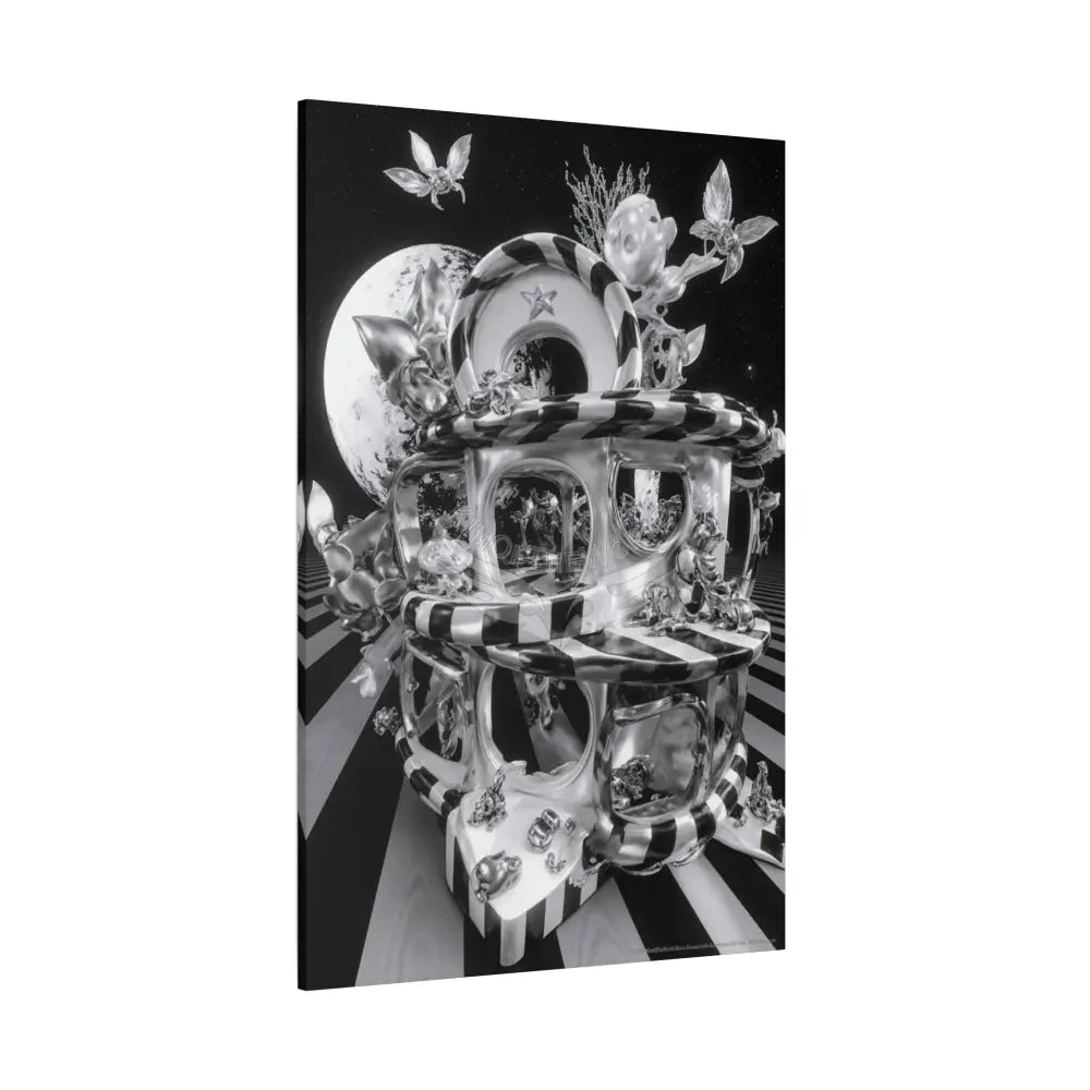 Surreal Black & White Spiral Tower in Gothic Wonderland Canvas — Moonlit Optical Illusion Wall Art Canvas