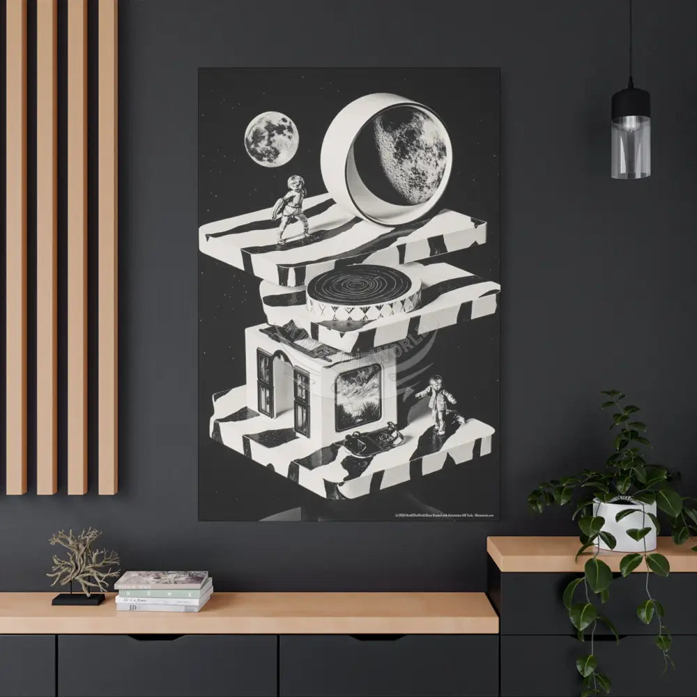 Surreal Black & White Spiral Tower in Gothic Wonderland Canvas — Moonlit Optical Illusion Wall Art Canvas