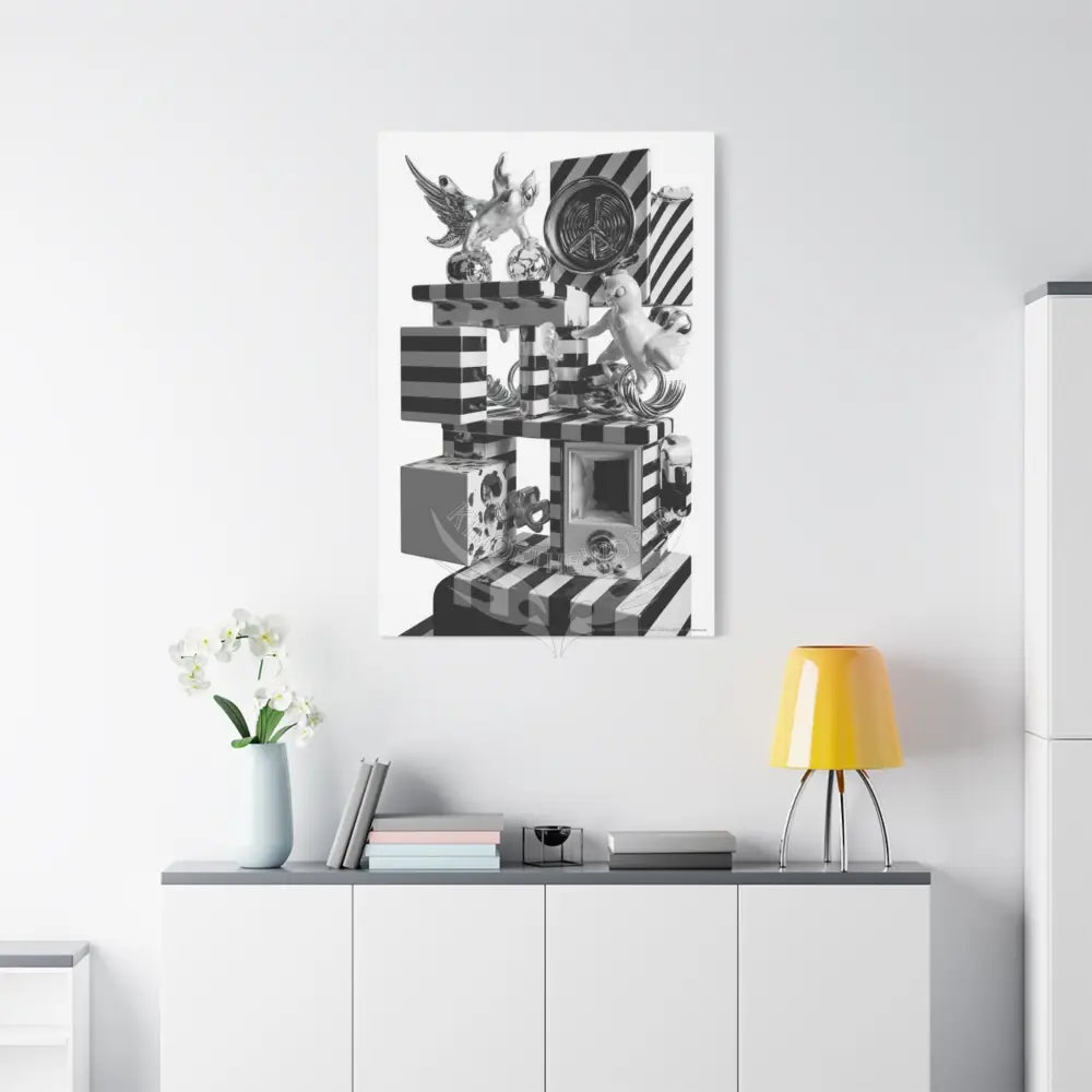 Surreal Black & White Spiral Tower in Gothic Wonderland Canvas — Moonlit Optical Illusion Wall Art Canvas