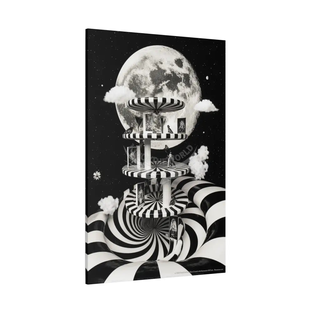Surreal Black & White Spiral Tower in Gothic Wonderland Canvas — Moonlit Optical Illusion Wall Art Canvas