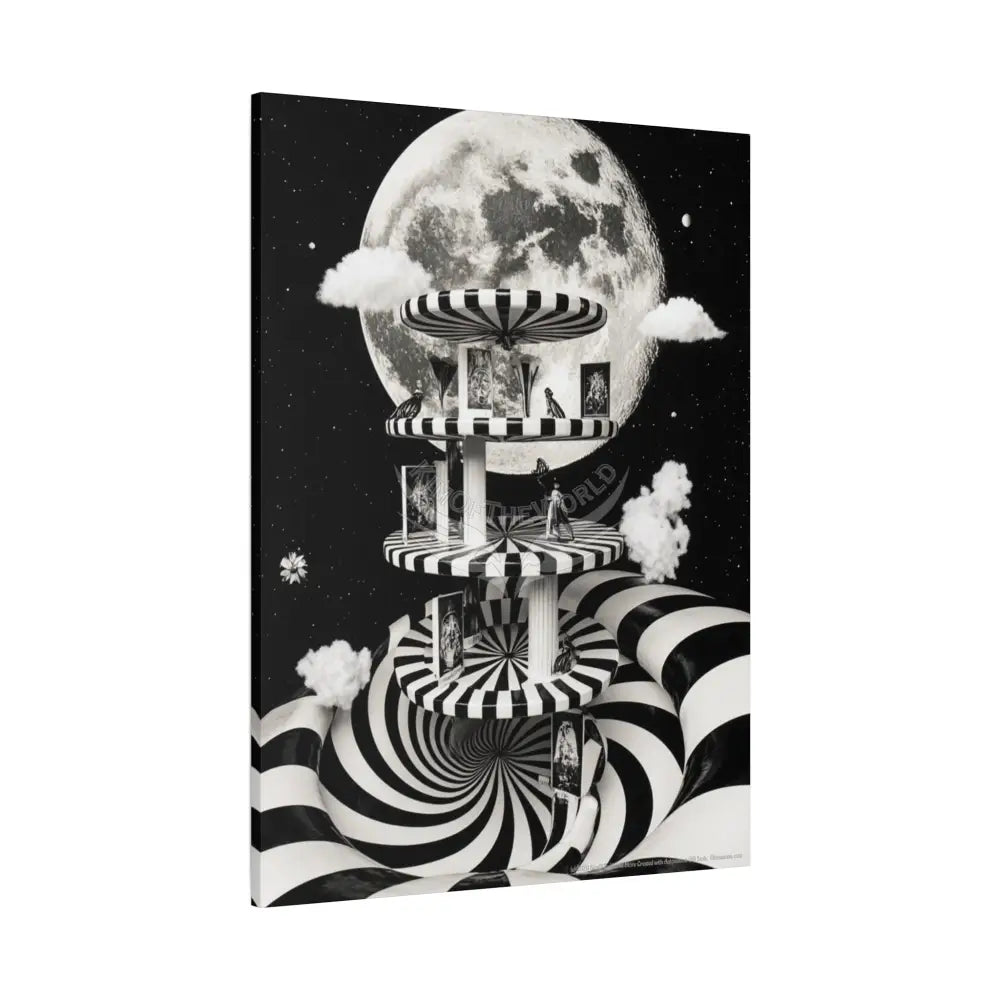Surreal Black & White Spiral Tower in Gothic Wonderland Canvas — Moonlit Optical Illusion Wall Art Canvas