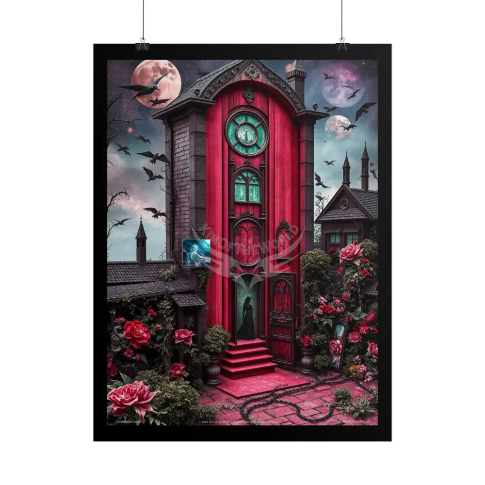 Surreal Diorama Little Red Gothic Tudor Cottage Architecture Art Poster — Exclusive 3D Doll House Moon Lady Diorama