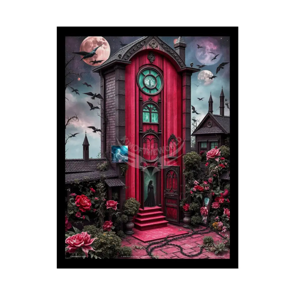 Surreal Diorama Little Red Gothic Tudor Cottage Architecture Art Poster — Exclusive 3D Doll House Moon Lady Diorama